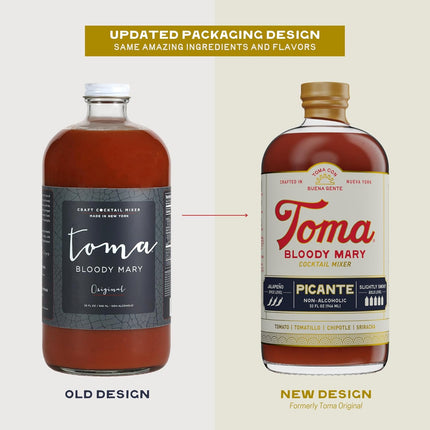 Toma Bloody Mary Mix, Premium Cocktail Mixers for Simple At-Home Hosting for Brunch and Events, All-Natural, Gluten Free, Vegan, No Added Preservatives, PICANTE/CLASICO 32oz (Spicy/Medium), Pack of 2