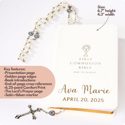 Personalized First Communion Bible New Testament, First Gift Catholic Rosary Set Engraved Religious Keepsake, Holy Sacrament, Biblia para Primera Comunion