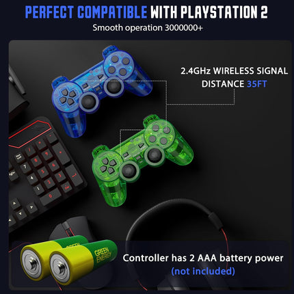 GamingBoy Wireless Controller for PS2, 2 Pack 2.4G Dual Vibration Gamepad Joystick Compatible for Play station 2, Ps-2 Game Remote with Wireless Receivers (Clear Blue and Clear Green)