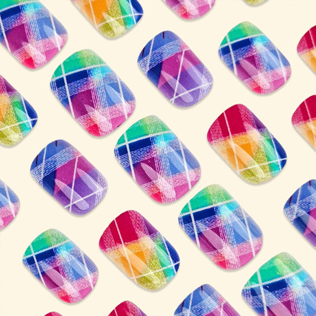 Rainbow Checkered Press on Nails Short Square Gradient Fake Nails with