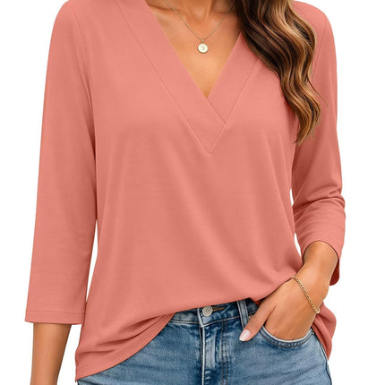 Womens 3/4 Sleeve V Neck Tops Loose Fit T Shirts Casual Blouses