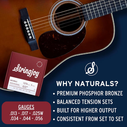 Stringjoy Naturals 13-56 Balanced Medium Gauge guitar strings – Phosphor Bronze Acoustic Guitar Strings - Powerful Tone and Balanced Feel, Acoustic 6 String Set, 1-Pack