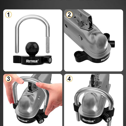RETRUE Universal Coupler Lock Trailer Locks Ball Hitch Trailer Hitch Lock Adjustable Security Heavy-Duty Steel fits 1-7/8 Inch, 2 Inch, 2-5/16 Inch Couplers, Black
