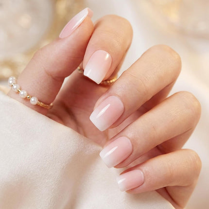 Ombre Press on Nails Short Square, Soft Gel Nude Pink Fake Nails Press on with Glue, 30Pcs Reusable Stick on Nails in 15 Sizes, Salon Quality False Nails for Women Spring Summer Vacation Gift