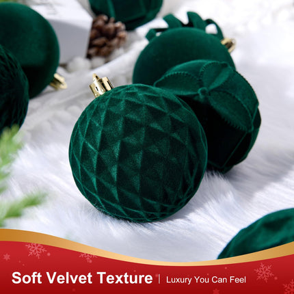 Christmas Balls, 16 Dark Green Flocked Ornaments for Tree Decor