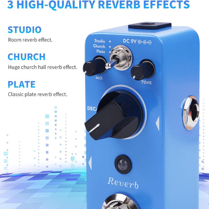 AITONE Guitar Reverb Pedal Mini Digital Metal Effect Pedal with 3 Modes Church Plate Studio 32 bit Audio True Bypass for Electric Guitar (AT-02)