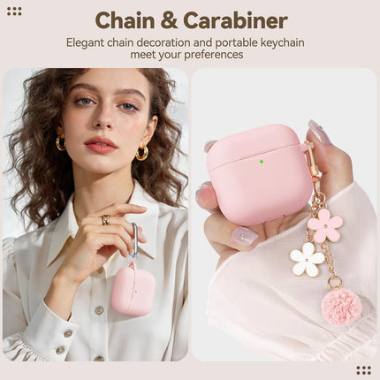 for AirPods 4 Case Cover, Soft Pink Silicone Protective Shell Compatible with Apple AirPods 4th Generation Case for Women Girly, iPod 4 Case with Flower Chain,Keychain and Cleaner Kit - Pink