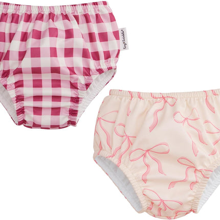 Pull-Up Reusable Swim Diapers 2-Pack | Waterproof and UPF 50+ Sun Protection | Lightweight and Absorbent | Machine Washable(Raspberry Gingham,Bubblegum Bows,0-6M)