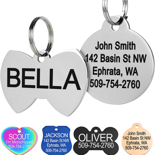 Stainless Steel Pet ID Tags, Personalized Dog Tags and Cat Tags, up to 8 Lines of Custom Text, Engraved on Both Sides