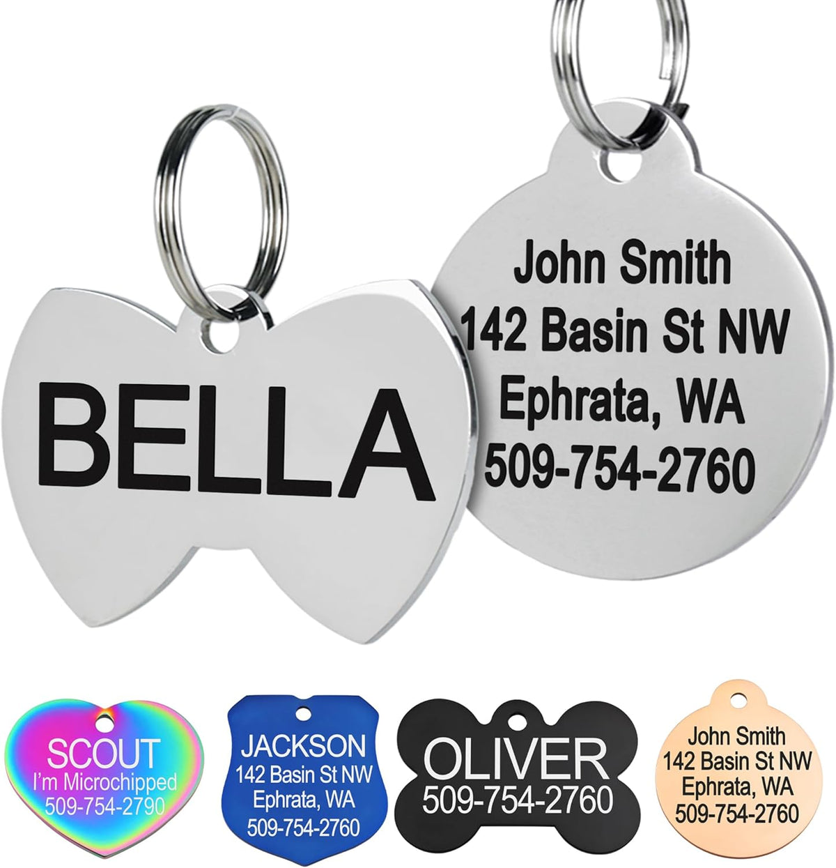 Stainless Steel Pet ID Tags, Personalized Dog Tags and Cat Tags, up to 8 Lines of Custom Text, Engraved on Both Sides