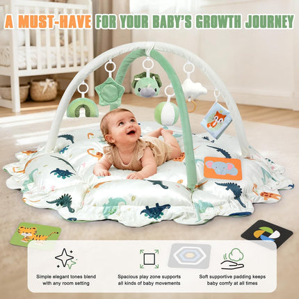 5-in-1 Baby Gym Play Mat with Cartoon Pattern, Extra Thick Plush Tummy Time Activity Gym with Hanging Toys, Sensory Development & Motor Skills Training Floor Mat, Dinosaur