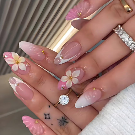 French Tips Press on Nails Medium Almond Nails Press on with 5D Flower Charm Design Glossy Brown Glue on Nails Water Ripple Rhinestones Fake Nail Reusable Fall Winter Nail for Women Manicure 24Pcs
