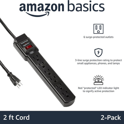 6-Outlet Surge Protector Power Strip with 200J Protection, Circuit Breaker, 2ft Extension Cord, Black, 2-Pack