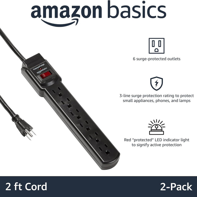 6-Outlet Surge Protector Power Strip with 200J Protection, Circuit Breaker, 2ft Extension Cord, Black - photo 2