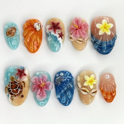 Summer Beach Press on Nails Short Almond 24Pcs Floral False Nails with 3D Ocean Seashell Turtle Starfish Design Cute Fake Nails Blue Sea Acrylic Nails Full Cover Glue on Nail for Women Spring Nail DIY
