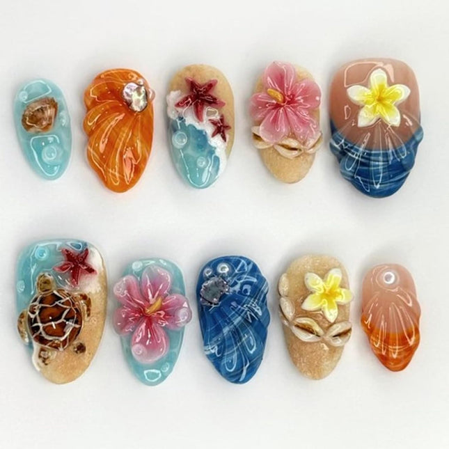 Summer Beach Press on Nails Short Almond 24Pcs Floral False Nails with 3D Ocean Seashell Turtle Starfish Design Cute