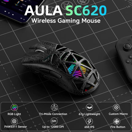Aula SC620 Wireless Gaming Mouse, Tri-Mode 2.4GHz/USB-C/BT5.3 Computer Mouse with 12000 DPI, Programmable Macro Gamer Mouse with Rapid Fire Key, RGB Light Gaming Mice for PC/Laptop/Mac
