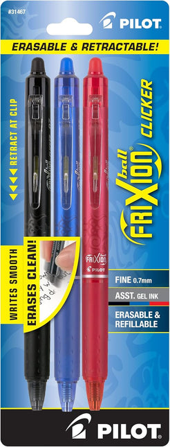 Erasable, Refillable & Retractable Gel Ink Pens, Fine Point, Black/Blue/Red Inks, 3-Pack