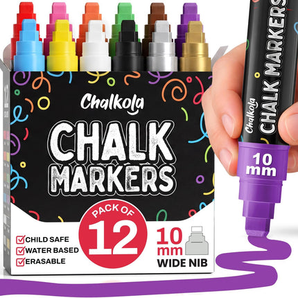 Chalkola Car Window Markers for Glass Washable - (10mm, 12 Pack w/Gold Silver) | Jumbo Liquid Chalk Markers for Blackboard, Chalkboard, Auto Mirror, Bistro Board — 3 in 1 Wide Nib Chalk Paint Pens