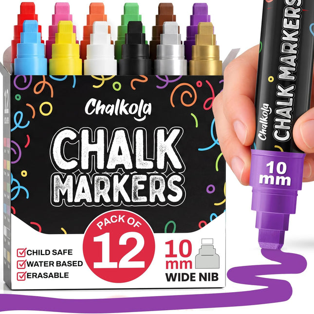 Washable Jumbo Liquid Chalk Markers for Glass and Boards, 10mm, 12 Pack