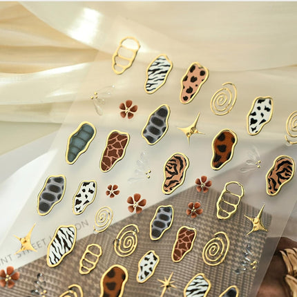 French Leopard Print Nail Art Stickers Chromatic Gold Nail Decal 5D Embossed Irregular Geometric for Sticker Nail Art Jelly Butterfly Wings Nail Supply for Women Girl DIY Manicure Decoration 1Pc