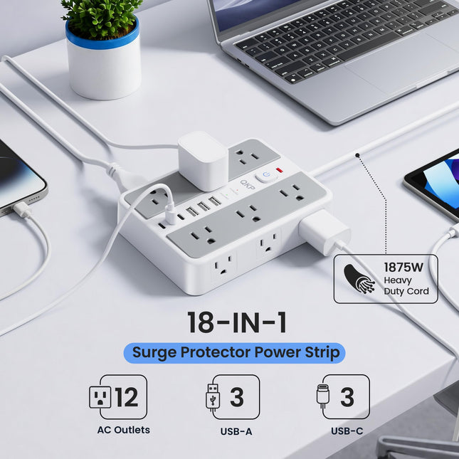 6 FT/ 2400J Surge Protector Power Strip, 12 Outlets, 6 USB (3 USB C) - photo 2