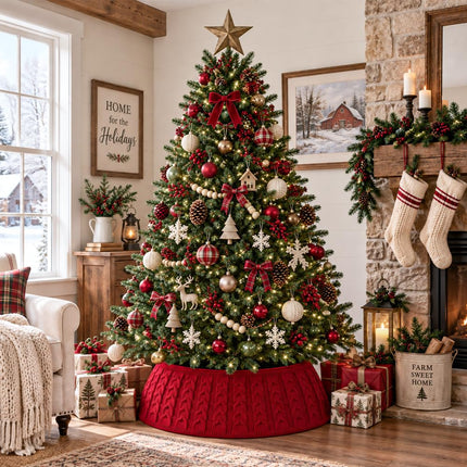 Christmas Tree Knitted Collar Skirt Red for Holiday Home Party Decoration