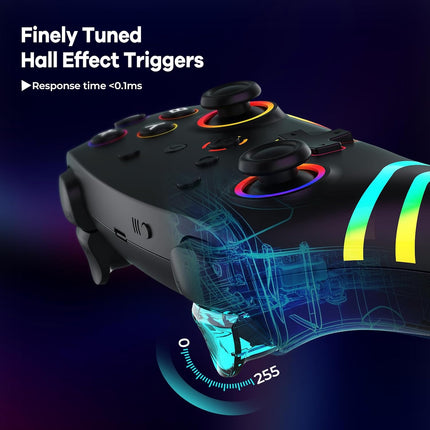 MYSTILUCK Wireless Pro Controller for Switch/Switch 2/Lite/OLED/PC, Gamepad with 7 Color-Changing RGB Lighting/Dual Vibration/6-Axis Gyroscope/Turbo, Ergonomically Designed Precise Joystick
