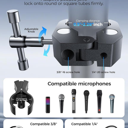19.6" Steel Core Flexible Gooseneck Microphone Stand with 1/4" to 3/8" Adapter, Mic Clip & Super Crab Clamp, Desk/Pole Mount Compatible with Shure, Fifine, AT2020, Pyle, Razer, Blue Snowball