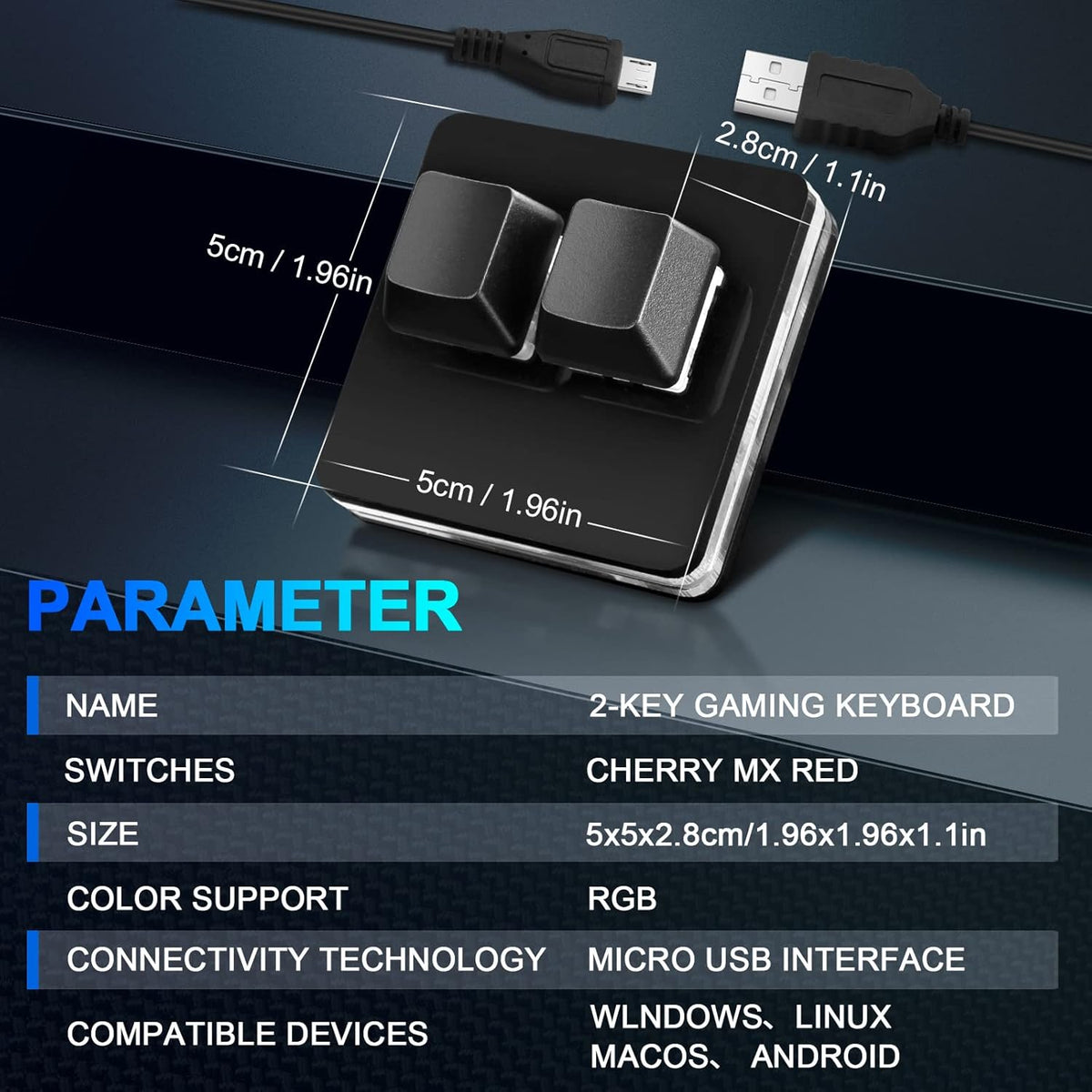 Black 2-Key USB Wired RGB Mechanical Gaming Keypad - photo 3