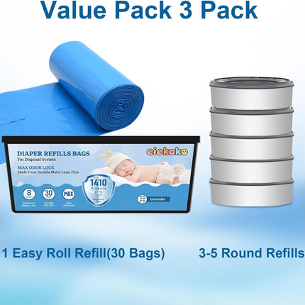 Diaper Refill Bag 7-Layer Odor Control Extra Thick for Genie Easy Roll & Platinum Pail, 3-Pack (90 Bags), Holds Up to 4200 Newborn Diapers