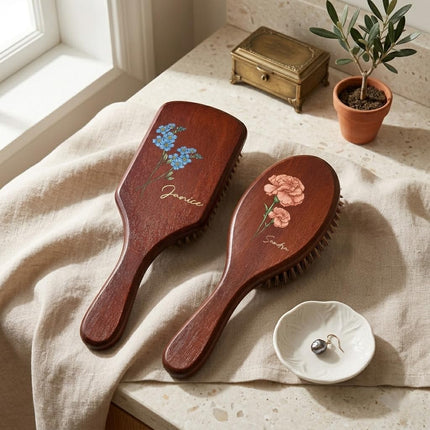 Personalized Birth Month Flower Wooden Hair Brush, Custom Name Wooden Hairbrush for Girl, Bridesmaid Proposal Gift, Mother's Day Present for Mom, Daughter