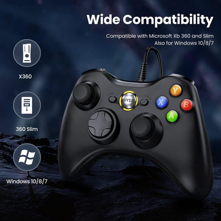 VOYEE PC Controller, Wired Controller Compatible with Microsoft Xbox 360 & Slim/PC Windows 10/8/7, with Upgraded Joystick, Double Shock | Enhanced (Black)