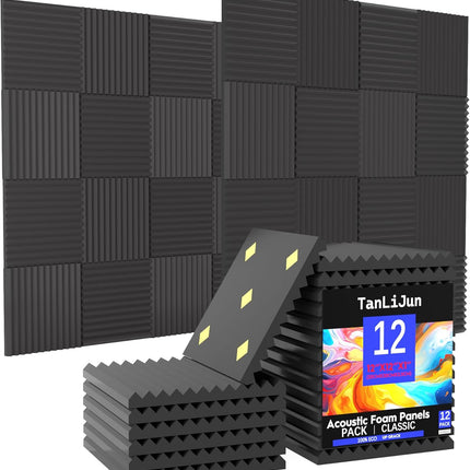 12 Pack Sound Proof Foam Panels for Walls, 1" x 12" x 12" High Density Acoustic Panels, Sound Absorbing Noise Cancelling Foam for Recording Studio, Office, Home Theater (Black, 12 Pack)