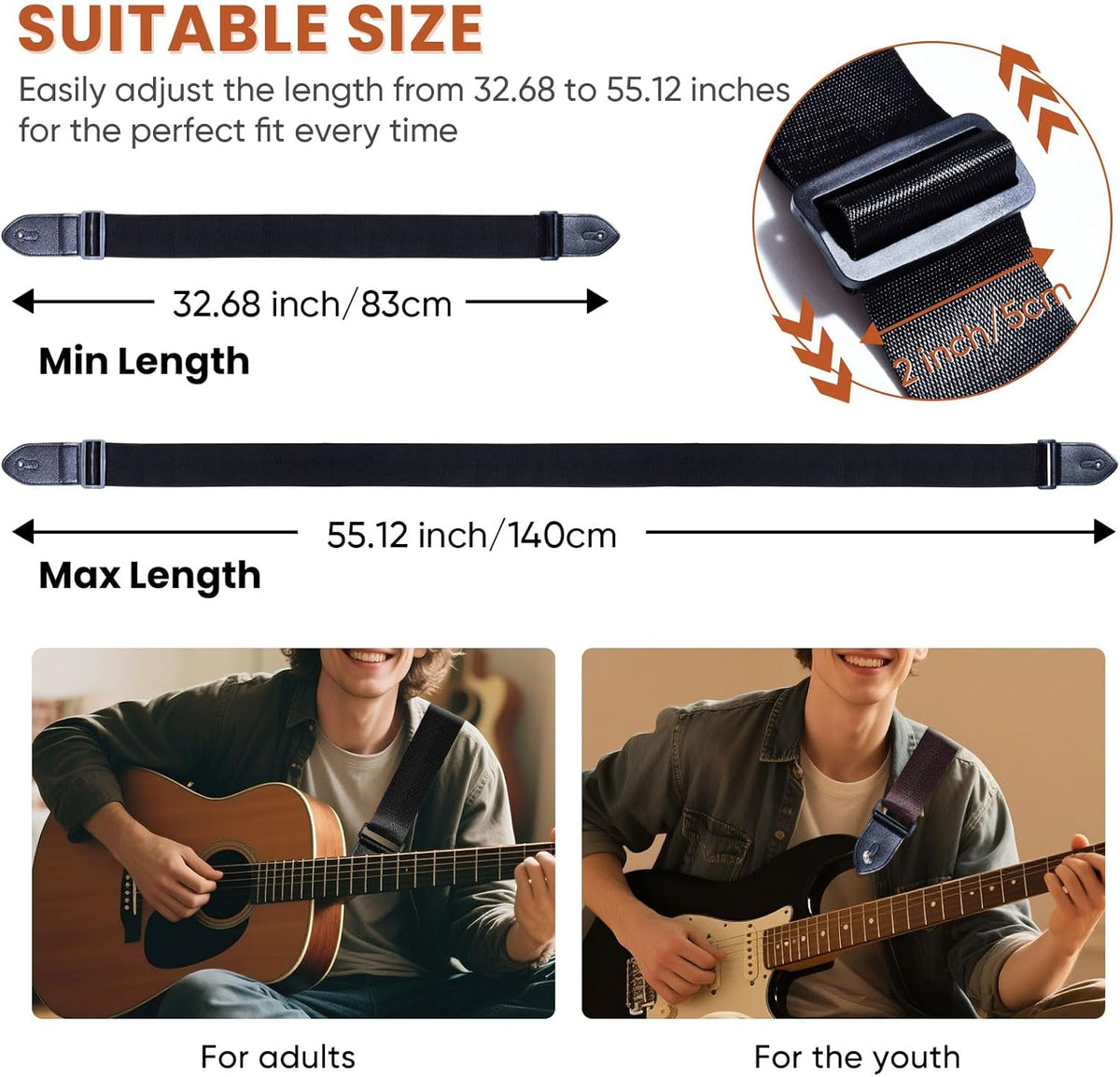 Guitar Strap 2 Pack - Adjustable Nylon Straps for Acoustic, Electric, and Bass - photo 4