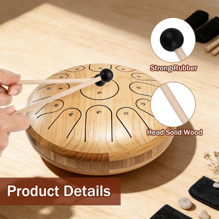 4pcs Wood Handle Steel Tongue Drum Mallets, Xylophone Mallets with 8 Finger Cots Glockenspiel Drumsticks Rubber Percussion Sticks for Marimba Timpani Tongue Drum Bell