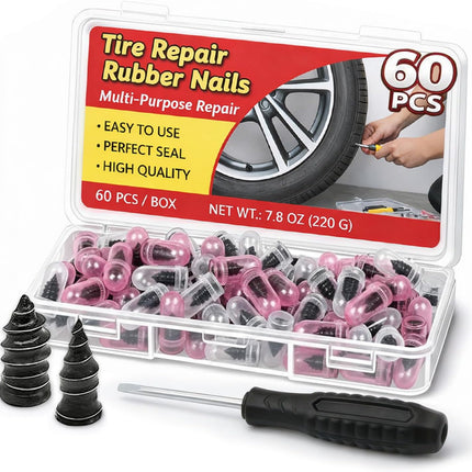 60-Piece tire Repair Screws, 2026 new tire Repair Rubber Nail kit, 8-Second Repair, Two Sizes, Suitable for self-Service Screw Fixing of tire Plugs on Trucks, Cars, Motorcycles, etc.