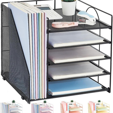 LEKETREE Desk Organizers and Accessories, 5-Tier Paper Letter Tray Organizer with File Holder, Desktop Organizer for Office Supplies (Black)