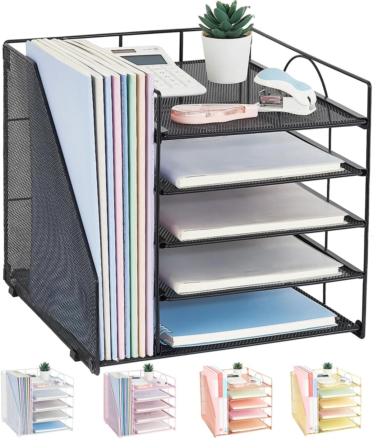 5-Tier Black Desk Organizer with Paper Letter Tray and File Holder