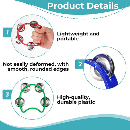 24 PCS Tamborines Musical Instrument Noise Makers, Plastic Percussion Tambourine with 4 Bells, Handheld Percussion Drum Tambourine, 8 Colors Tambourines