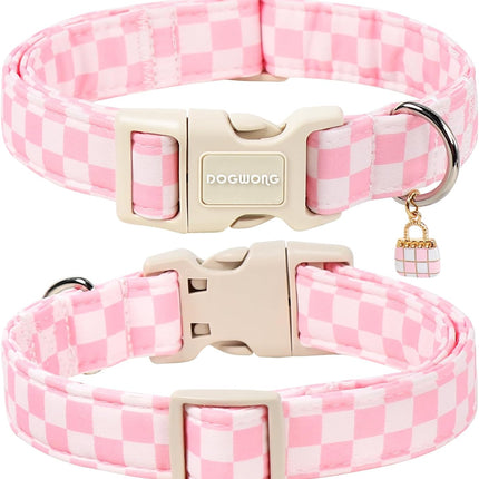 DOGWONG Girl Dog Collar for Large Dogs, Pink Checked Dog Collars, Pink Checked Dogs Collars for Medium Lrage Dogs, Neck 39-60 inches
