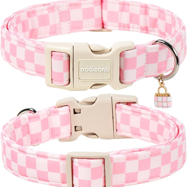 Pink Checked Dog Collar for Large Dogs