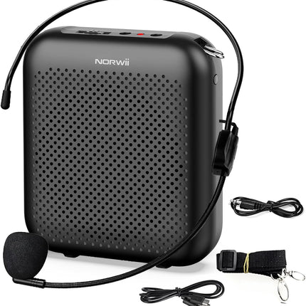 Norwii Bluetooth Voice Amplifier, Power Amplifiers, Portable Mini Wired Microphone Headset for Teacher Classroom & Outdoor Lectures, Teaching, Tour Guides, USB-C Rechargeable - 2000mAh, Black