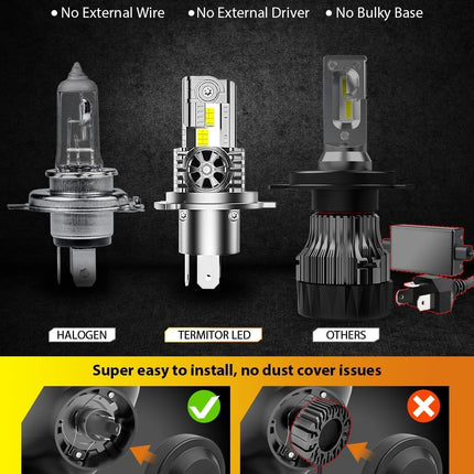 Termitor Latest H4/9003/HB2 Light Bulbs, 50,000LM Brightness, 6500K White Super Bright, 1:1 Halogen Size, 6500 Cool White H4 Fog Lights, No Adapter Required, Easy Install, Non-Polarity, Pack of 2