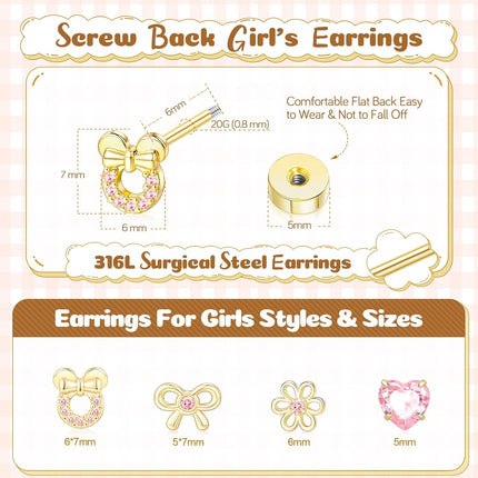 Hypoallergenic Earrings for Girls Toddler Teens Kids Baby 14k Gold Silver Plated Screw Flat Back Earrings Cute Flower Bow Mouse Heart Surgical Steel Stud Earrings Set for Women Teen Girls Gift