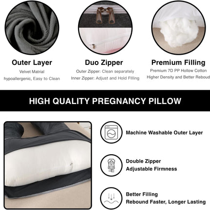 ALLOPERA Pregnancy Pillow, Full Body 57 Inch Maternity Pillow with Removable Washable Cover - Sleep Support for Legs, Back, Neck, Shoulder, HIPS, Belly for Pregnent Women, Black Grey Velvet Cover