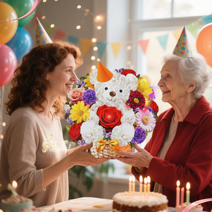 MZD8391 Birthday Cards with MUSIC & LIGHTS, Happy Birthday Card, Bear & Daisy, 10 Inch Life Sized Forever Flower Bouquet 3D Pop Up Greeting Card for Wife Mom Daughter Grandma Women