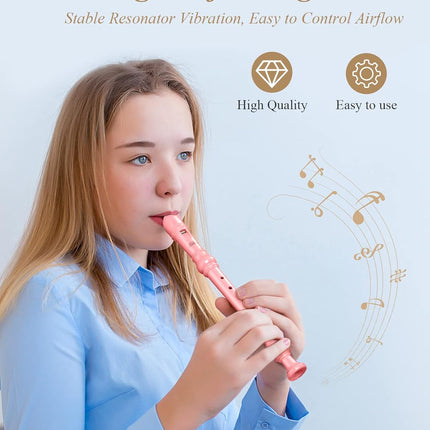 Eastar Soprano Recorder Instrument for Kids Beginners, German Fingering C Key with Cleaning Kit, Thumb Rest, Cotton Bag, Fingering Chart, ERS-21GP, Pink, School-Approved