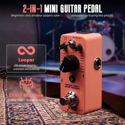 AITONE Looper Drum Machine Guitar Pedal 20 Minute Loop 16 Drum Grooves Tap Tempo True Bypass Mini Metal Effects Pedal for Electric Guitar Practice (AT-01)