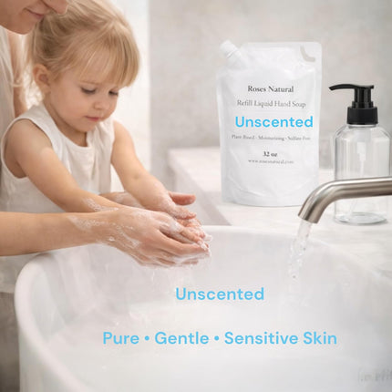 Liquid Hand Soap Starter Set – Plant-Based Moisturizing Hand Wash, Refillable Bottle + 32 oz Refill, Sulfate-Free Gentle Cleanser, Handmade in USA (Unscented)